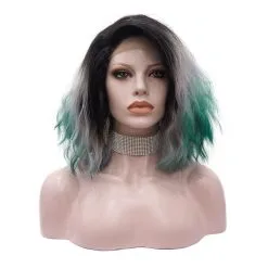 Celebrity Wig Premium Wig - Ombre Black, Grey & Teal Green Wavy